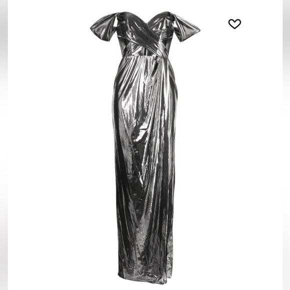 Marchesa Notte Off-Shoulder Gown in Gunmetal Silver - Picture 7 of 10